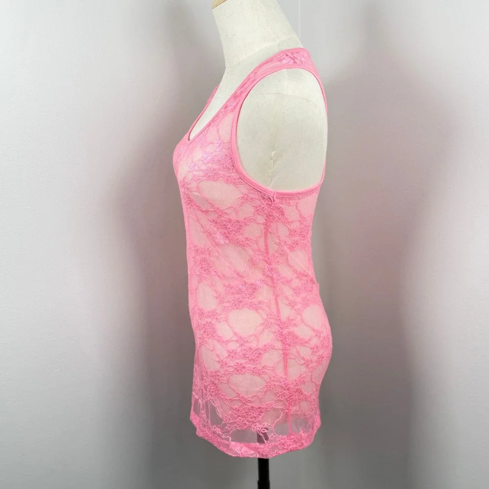 Bozzolo Women Lge Tank Top Pink Floral Lace Long Sheer Racerback Y2K Barbiecore - Picture 3 of 8
